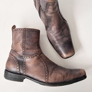 Italian Leather Ankle Boots Brown Distressed Square Toe Brogue Mens 13 Boho